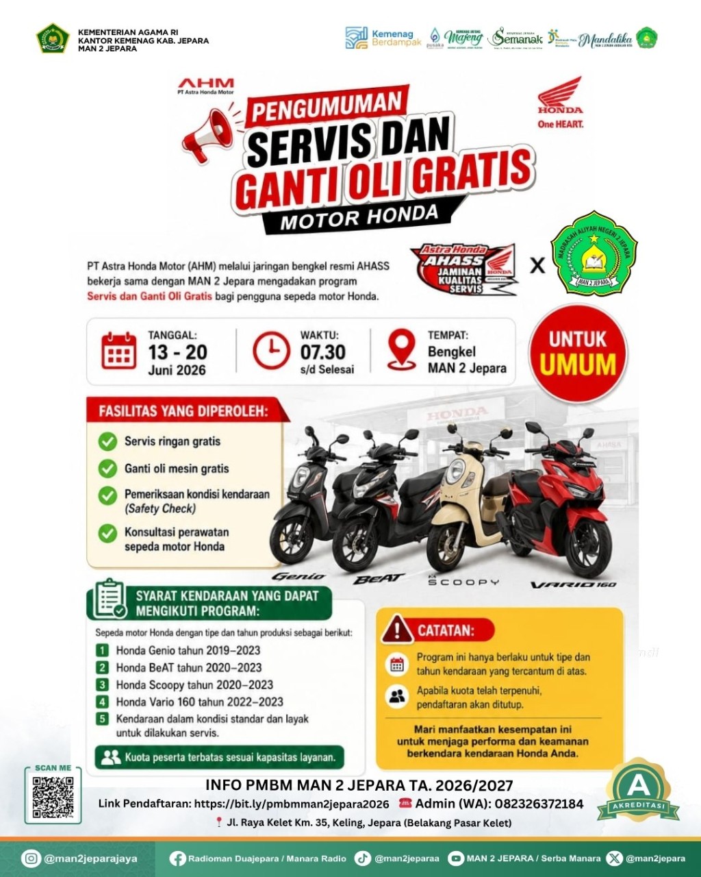 PENGUMUMAN SERVIS DAN GANTI OLI GRATIS MOTOR HONDA DI MAN 2 JEPARA