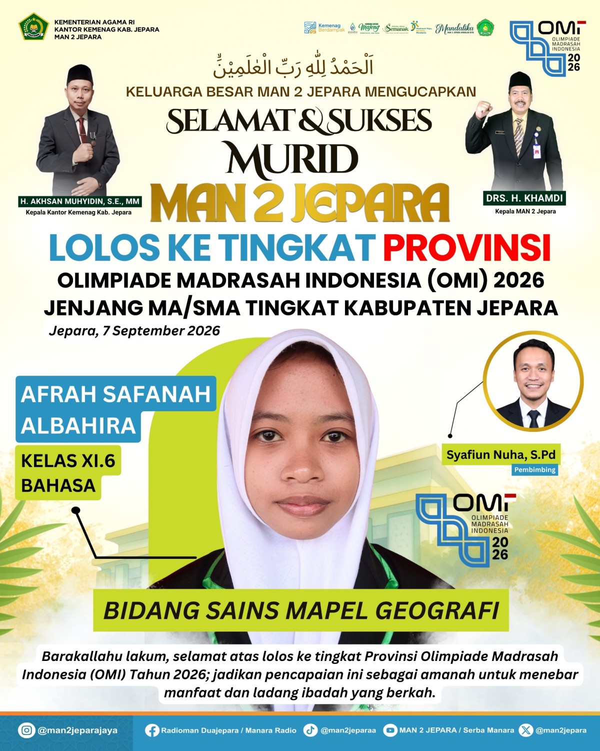Juara 2 Olimpiade Madrasah Indonesia (OMI) Bidang Sains Mapel Geografi Tingkat Kabupaten Tahun 2026